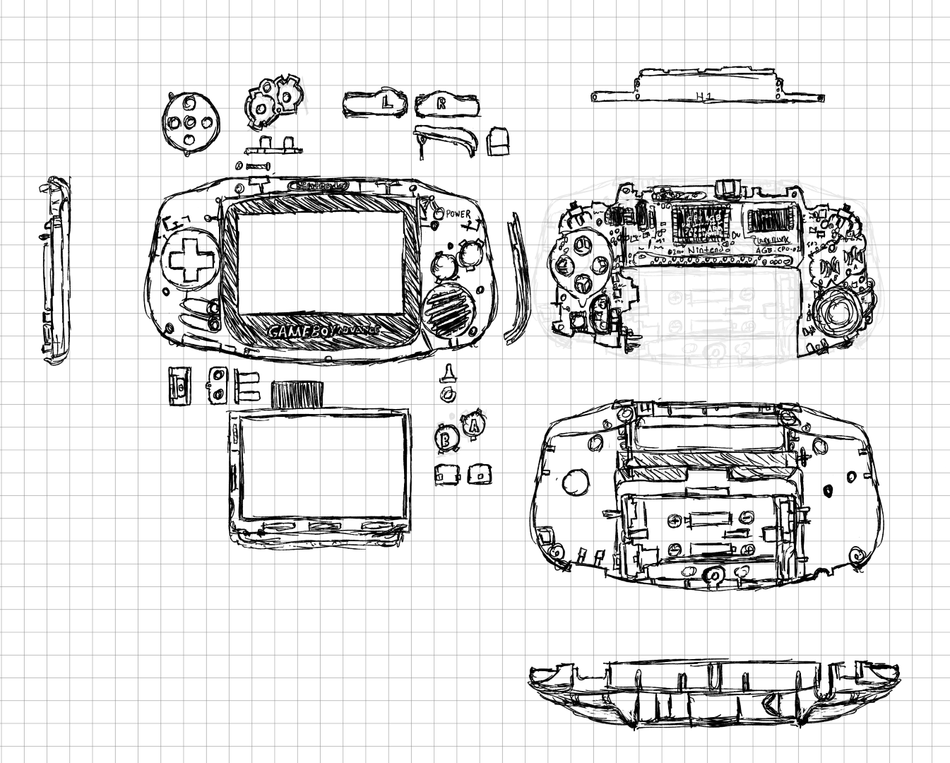 Much the same as the previous isometric study of the pieces of a handheld game console, but from a front facing view drawn on a flat grid.